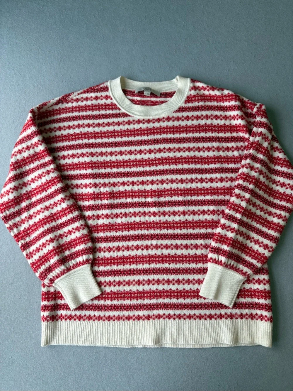 LOFT Fair Isle Red & White Striped Everyday Crewneck Sweater Sz L